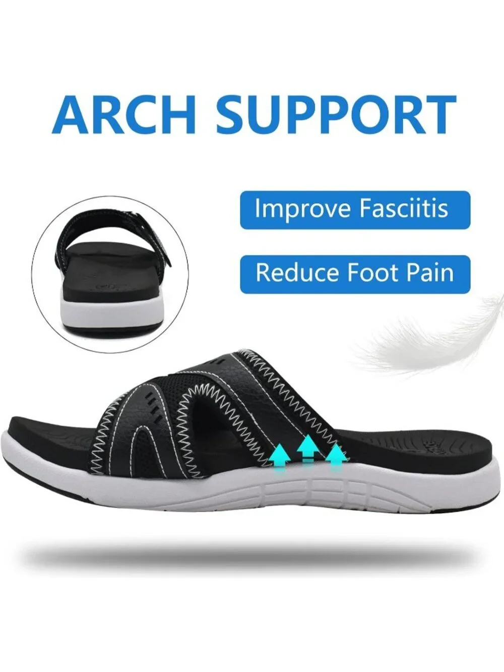Men's Black Sport Recovery Sandals Plantar Fasciitis Soft Cushion Lightweight